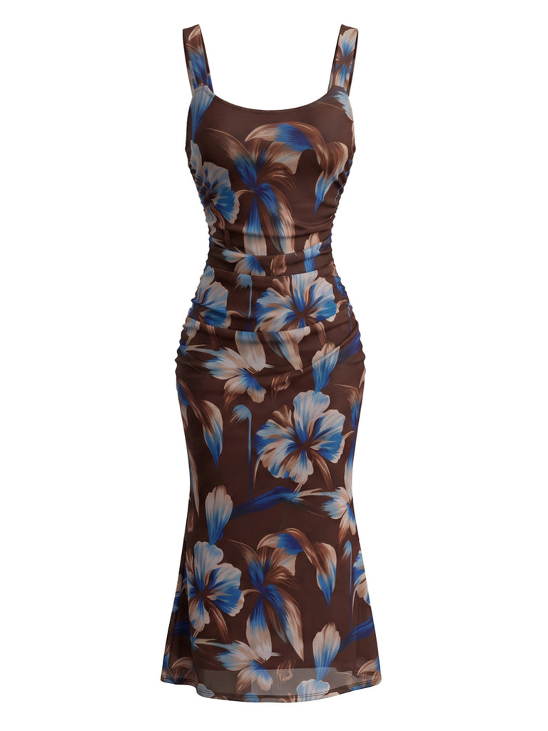 30er Netz-Bodycon-Kleid mit Eckiger Ausschnitt und Blumen