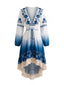 Blaues 70er Boho-Kleid mit Blumen-Print, Ombre und Fransen