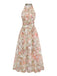 Gelbes & Grünes 40er Maxikleid mit Neckholder und Blumen