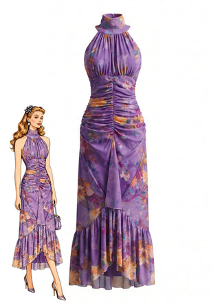 Violettes 70er Maxikleid mit Aquarellblumen und Raffung