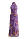 Violettes 70er Maxikleid mit Aquarellblumen und Raffung