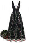 Schwarzes 30er Netz-Langes Kleid mit V-Ausschnitt und Blumen