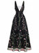 Schwarzes 30er Netz-Langes Kleid mit V-Ausschnitt und Blumen