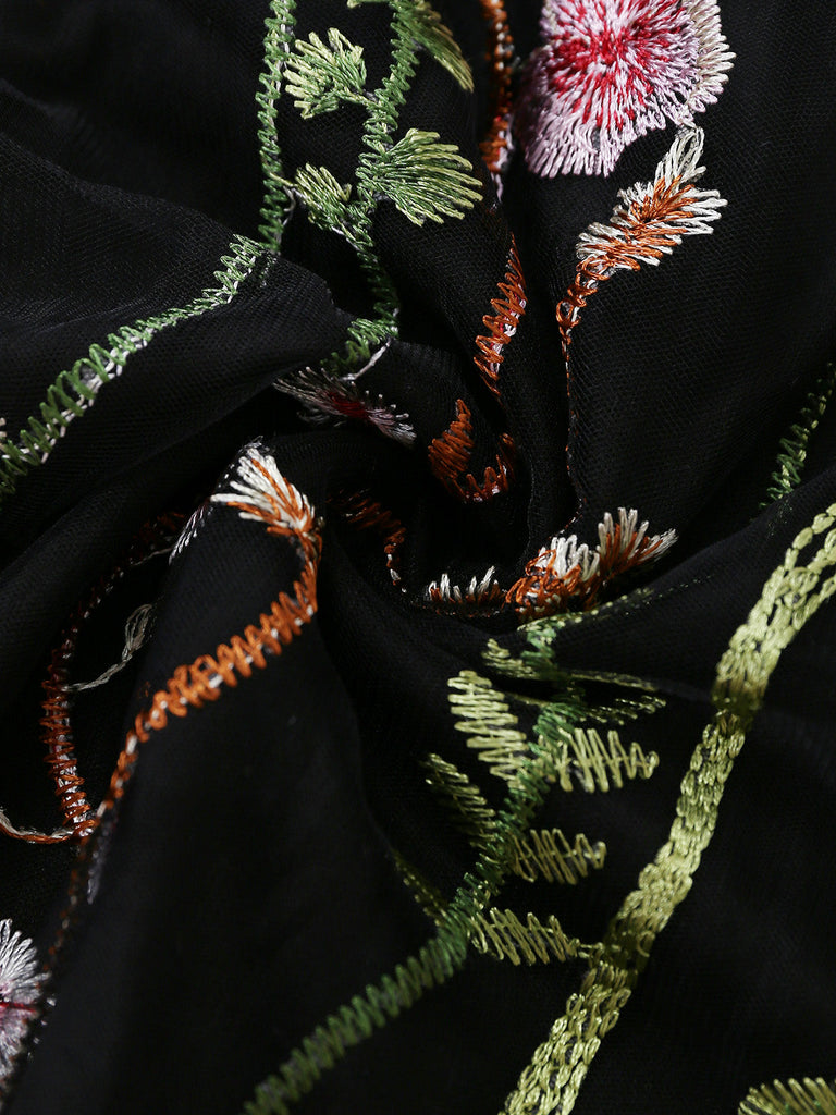Schwarzes 30er Netz-Langes Kleid mit V-Ausschnitt und Blumen