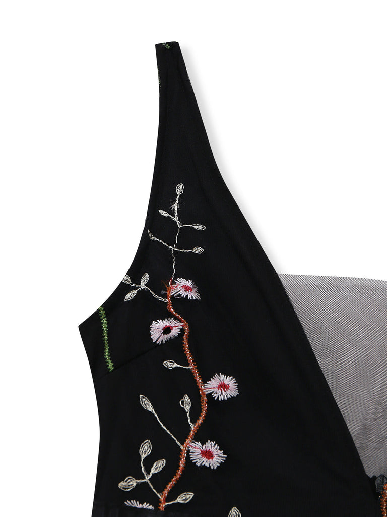 Schwarzes 30er Netz-Langes Kleid mit V-Ausschnitt und Blumen