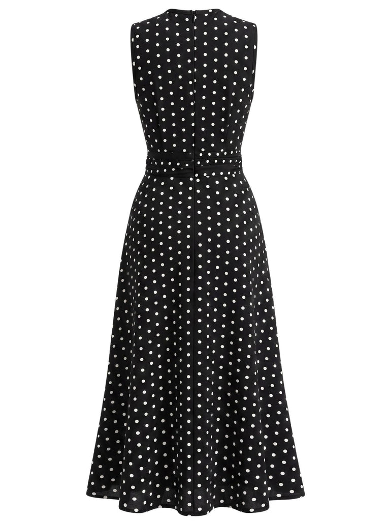 30er Ärmelloses Raffkleid mit Polka-Dots und Rundhals