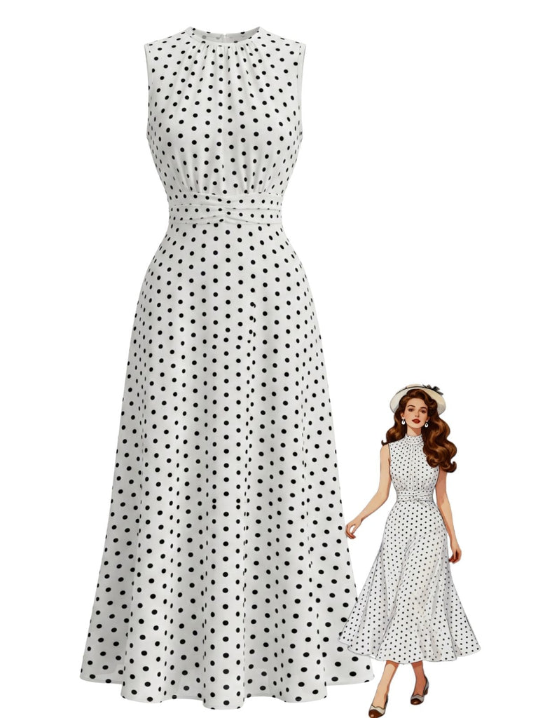 30er Ärmelloses Raffkleid mit Polka-Dots und Rundhals