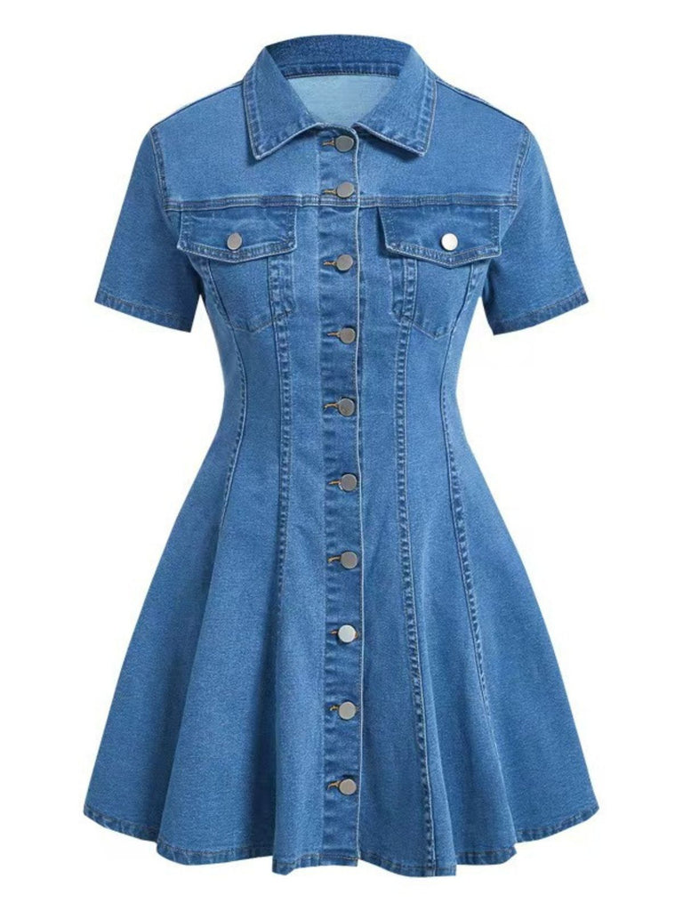Blaues 50er Jeans-Kleid mit Kurzarm und Reverskragen