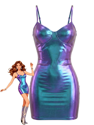 60er Minikleid mit Spaghettiträger und Metallic