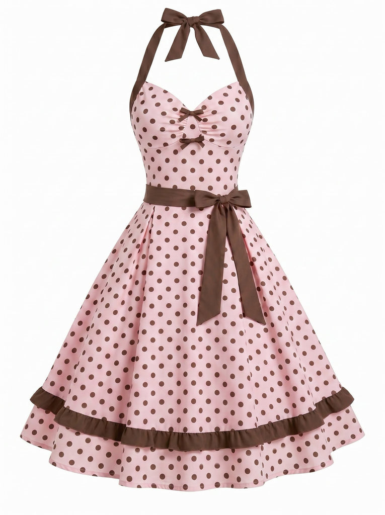 Rosa 50er Kleid mit Polka-Dots und Neckholder