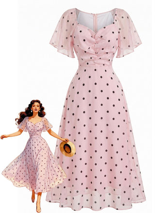 Rosa 40er Midikleid mit Puffärmel und Polka-Dots