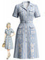 [Vorverkauf] Blaues 40er Hemdblusenkleid mit Pflanzenprint und Taschen