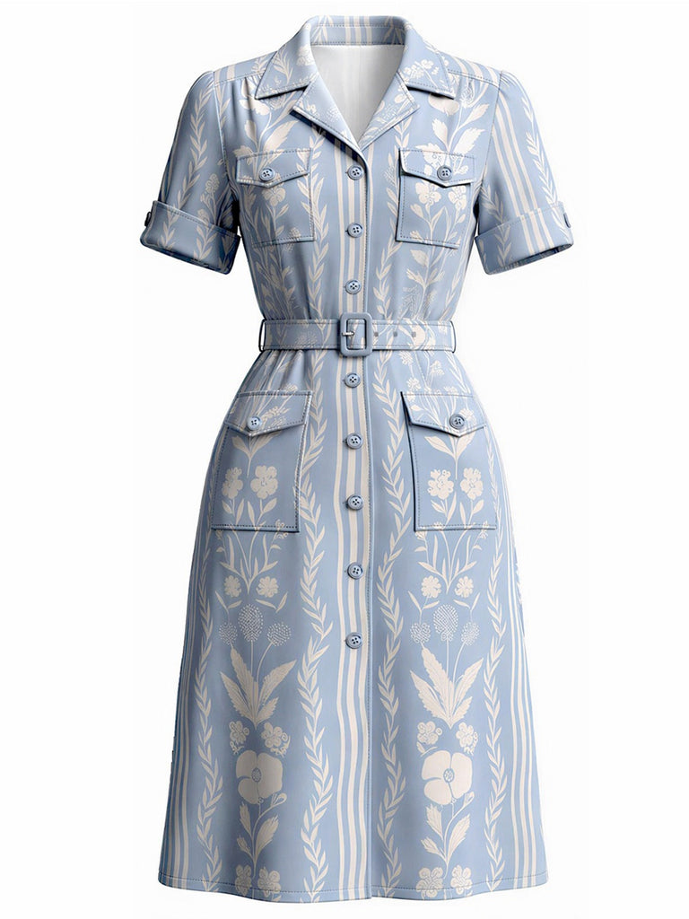 [Vorverkauf] Blaues 40er Hemdblusenkleid mit Pflanzenprint und Taschen