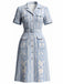 [Vorverkauf] Blaues 40er Hemdblusenkleid mit Pflanzenprint und Taschen