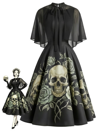 Schwarzes & Rosa 50er Gothic Kleid mit Totenkopf