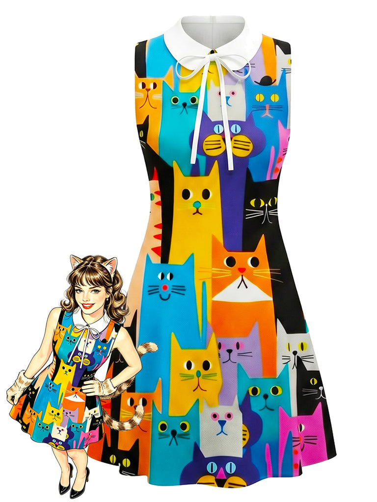 [Vorverkauf] Buntes 60er A-Linie-Kleid mit Katzen und Bubikragen