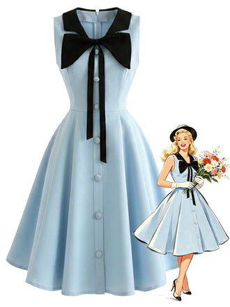 Blaues 50er Kleid mit Schleifenkragen