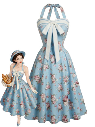 Hellblaues 50er Blumenkleid mit Neckholder und Schleife