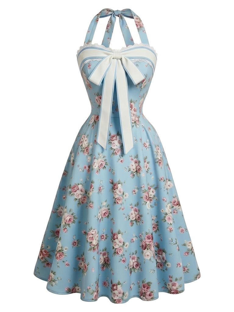 Hellblaues 50er Blumenkleid mit Neckholder und Schleife