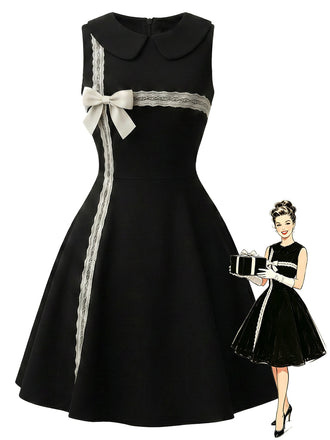 Schwarzes 50er Kleid mit apricotfarbenem Spitzenbesatz und Schleife