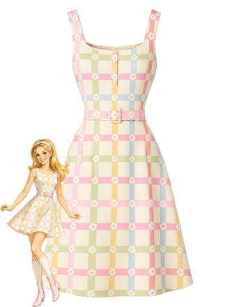 Beige 60er A-Linie Kleid mit Karo und Blumen