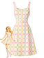 [Vorverkauf] Beige 60er A-Linie-Kleid mit buntem Karo und Blumen