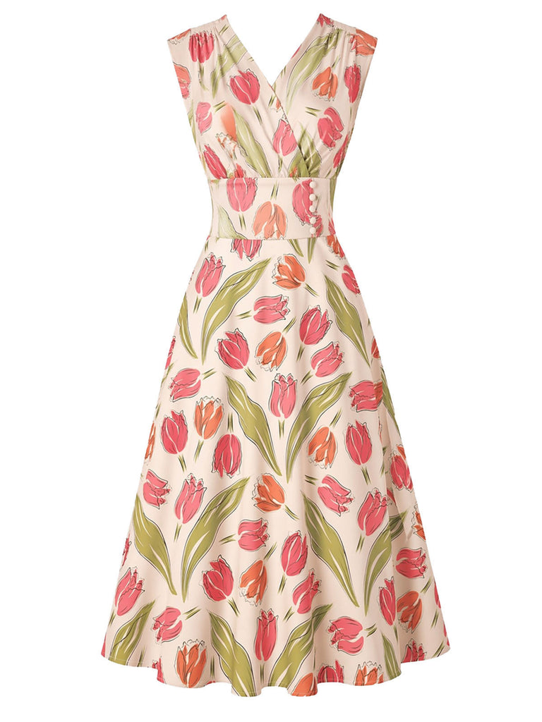50er Ärmelloses Kleid mit Wickelausschnitt und Tulpen