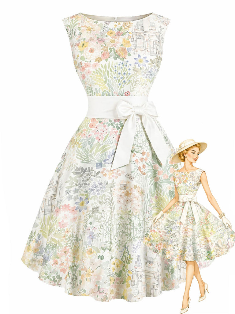 [Vorverkauf] 50er Rockabilly-Kleid mit Aquarell-Blumenprint und Schleife