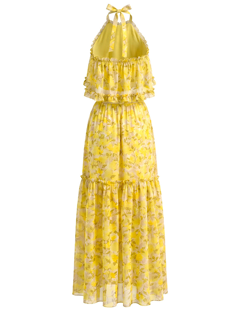 80er Chiffon-Top mit Rüschen und Blumen