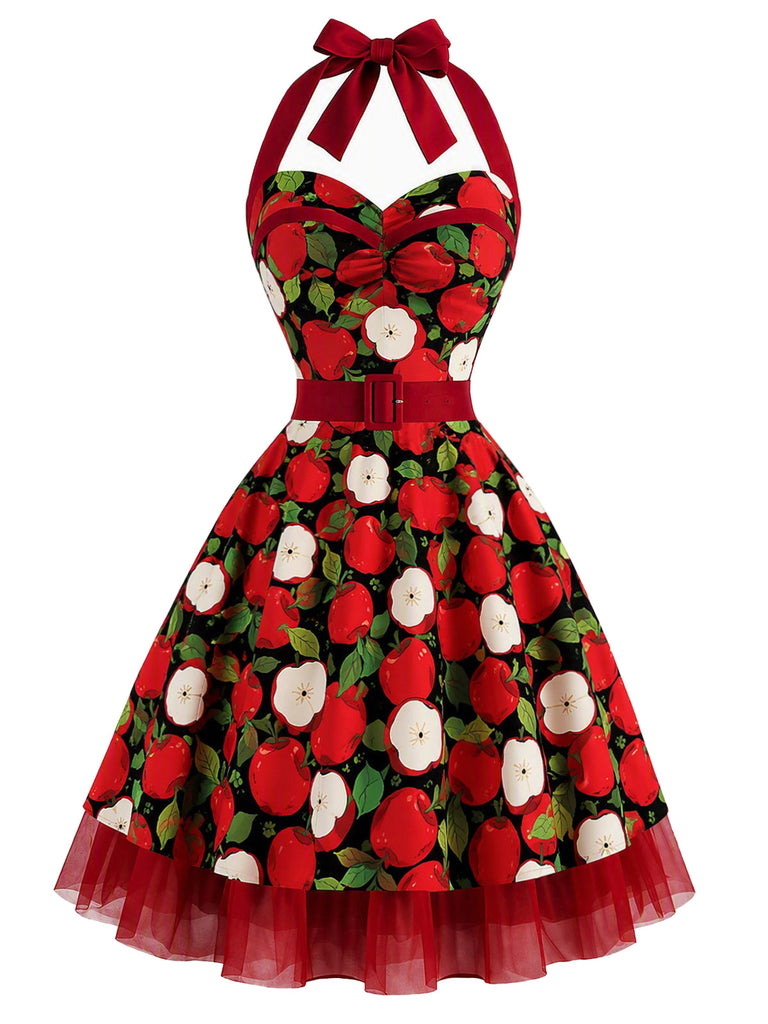Rotes 50er Swingkleid mit Apfel-Print und Neckholder