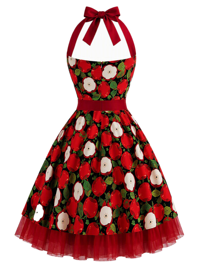 Rotes 50er Swingkleid mit Apfel-Print und Neckholder