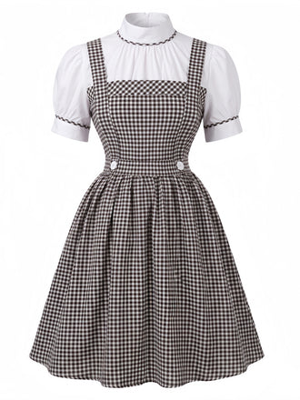 Graues 50er Kleid mit Puffärmel und Gingham