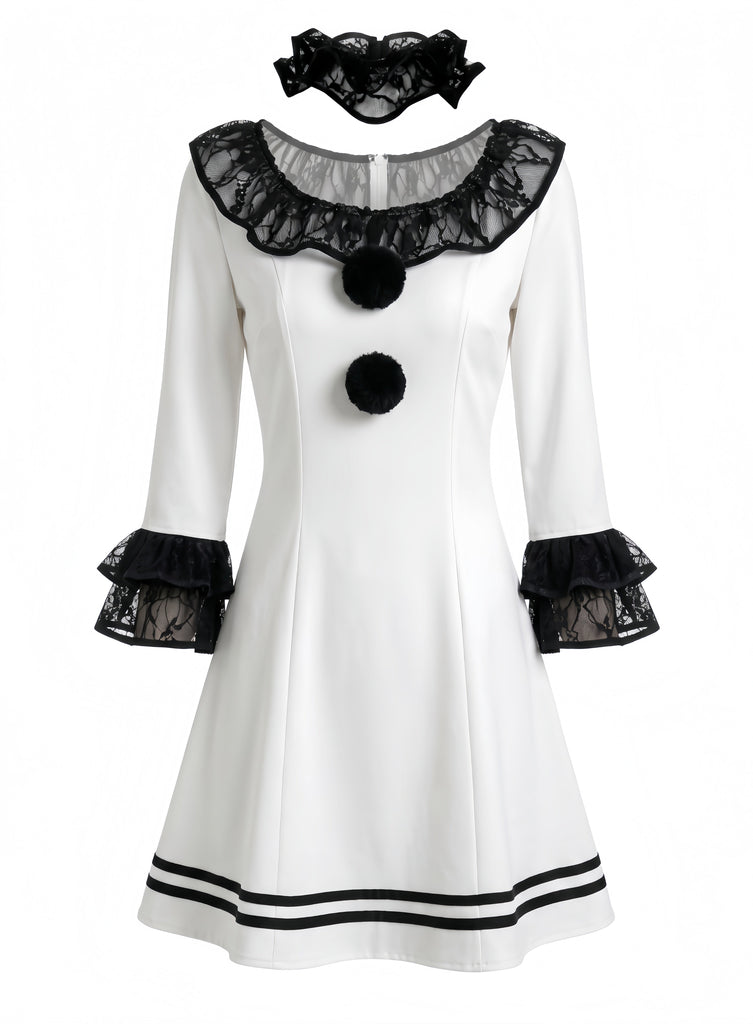 Schwarz-weißes 60er Clownkleid mit Rüschen