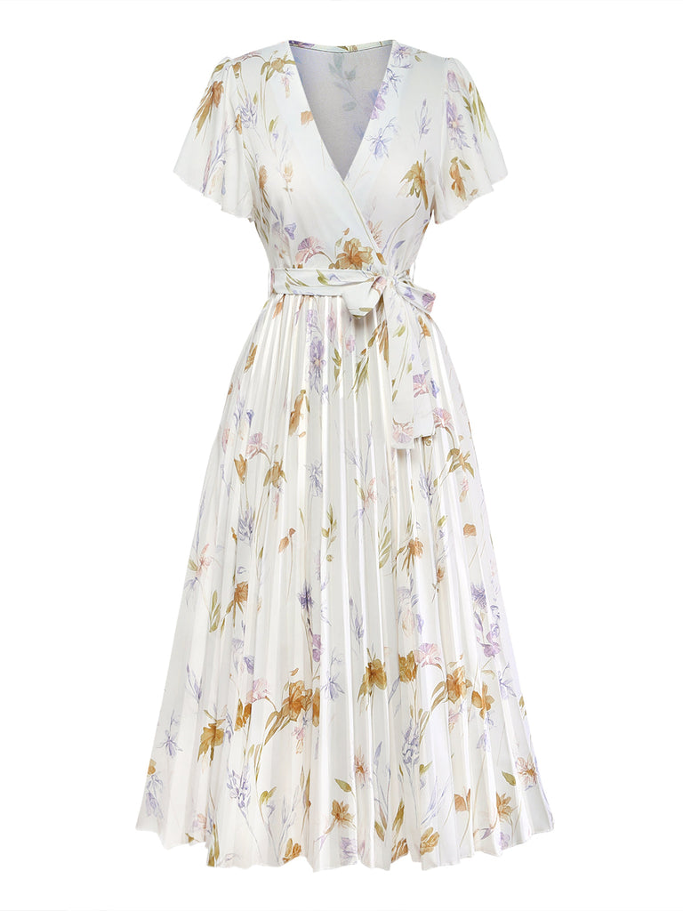 Apricotes 40er Midikleid mit Flatterärmel und Blumen