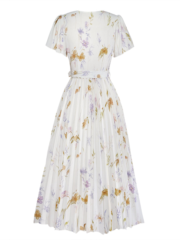 Apricotes 40er Midikleid mit Flatterärmel und Blumen