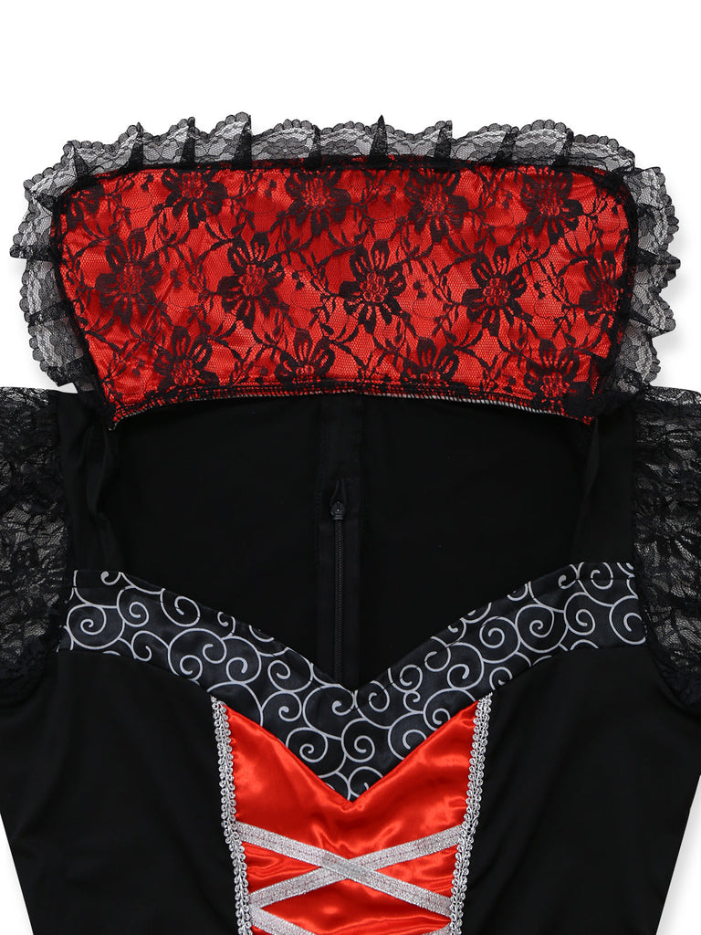 Rotes 50er Halloween Netz-Kleid mit Patchwork und Spitze