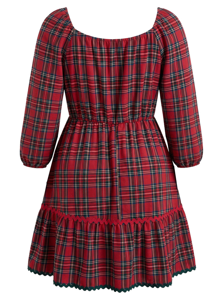 [Übergröße] Rotes 50er Swingkleid mit Karo und V-Ausschnitt