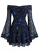 Blaues 70er schulterfreies Kleid mit Print und Spitze