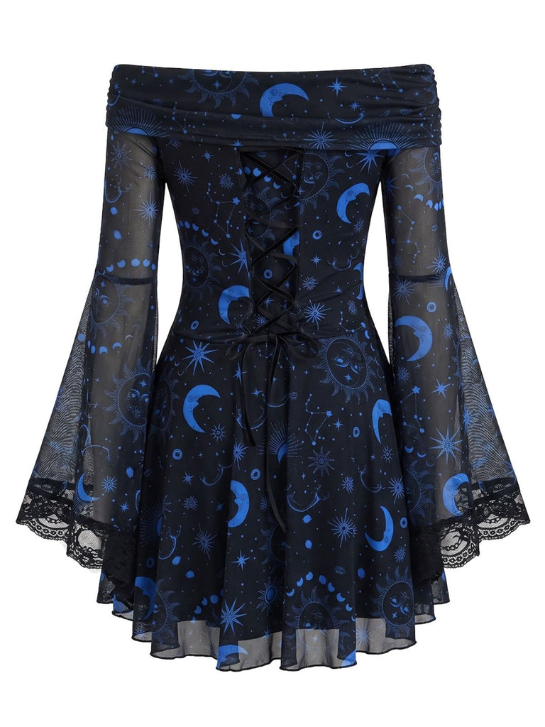 Blaues 70er schulterfreies Kleid mit Print und Spitze