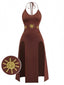 Braunes 80er Neckholder-Kleid mit Sonnenprint und Doppelschlitz