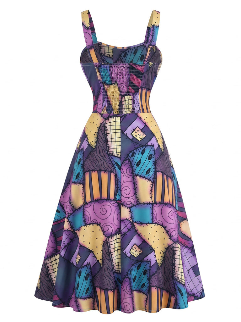 Lila 50er Halloween Gothic Kleid mit Patchwork und A-Linie
