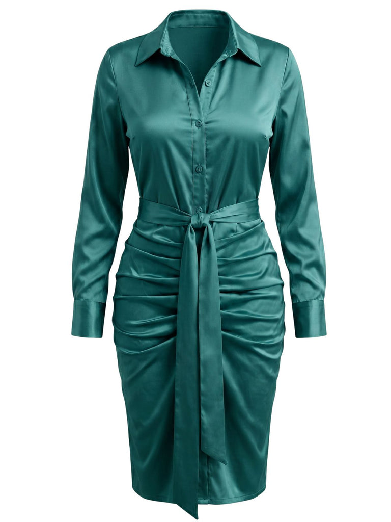 Rosafarbenes 60er Satinhemdkleid mit Raffung und Bindegürtel