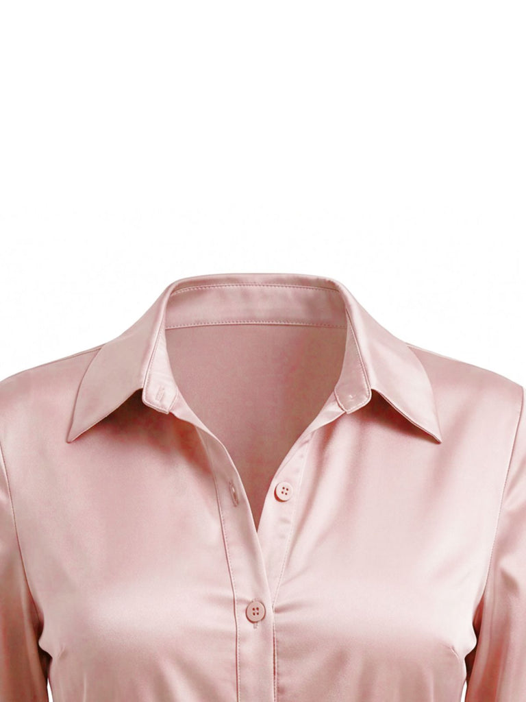 Rosafarbenes 60er Satinhemdkleid mit Raffung und Bindegürtel
