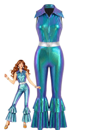 Blauer 60er Jumpsuit mit Metallic und Gürtel