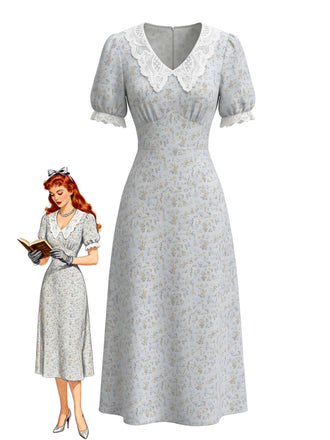 Blaues 30er Spitzenkleid mit Streublumen und V-Ausschnitt