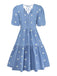 Blaues 70er Kleid mit Puffärmel und V-Ausschnitt