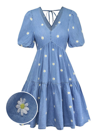 Blaues 70er Kleid mit Puffärmel und V-Ausschnitt