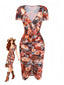 Braunes 60er Bodycon-Kleid mit Blumenprint und Raffung