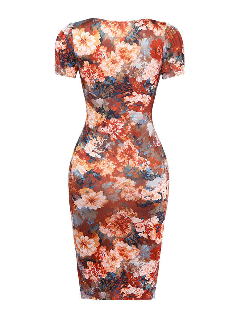 Braunes 60er Bodycon-Kleid mit Blumen und Raffung