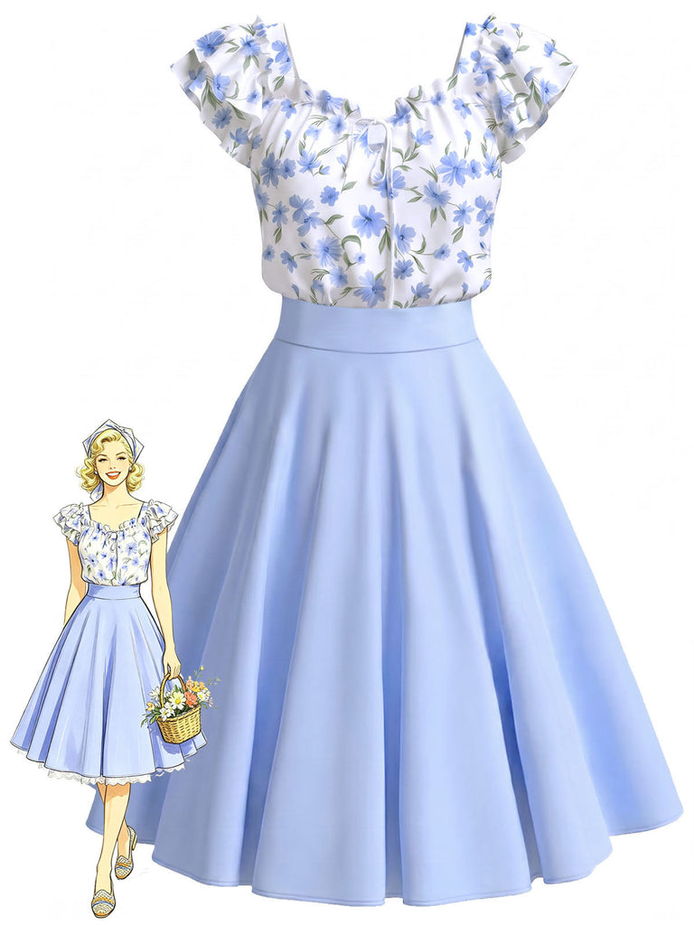 Blaues 50er Kleid mit Blumen-Print und Rüschen